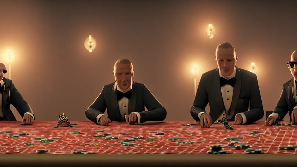 Image similar to hyperrealism simulation highly detailed human turtles'wearing detailed tuxedos and smoking, playing poker in surreal scene from art house movie from future by wes anderson and denis villeneuve and mike winkelmann rendered in blender and octane render