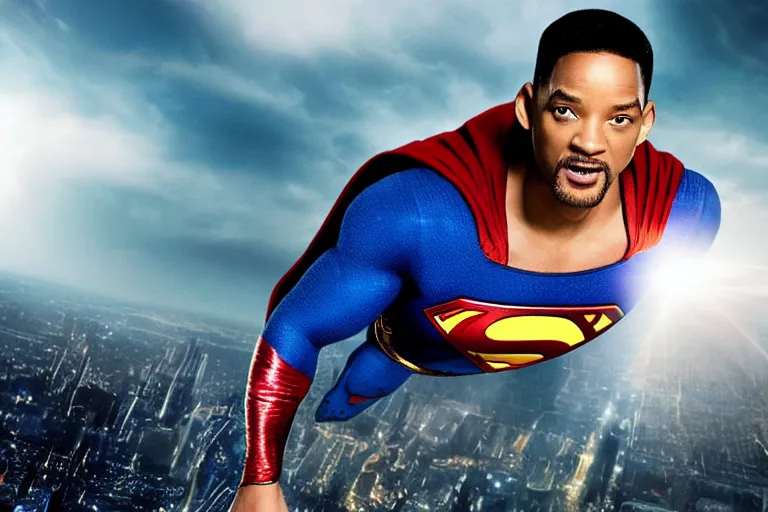 Prompt: promotional image of will smith as superman in the new superman movie, detailed face, movie still frame, promotional image, imax 70 mm footage