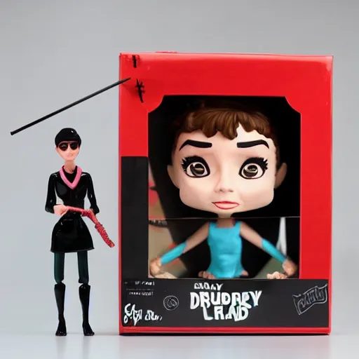 Image similar to audrey hepburn cos play drug dealer, stop motion vinyl action figure, plastic, toy, butcher billy style