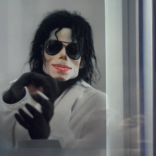 Prompt: michael jackson 2 0 0 9 wearing shades, alone, this is it style, photo real, pores, motion blur, sitting with bubbles the chimp window open, real life, spotted, ultra realistic face, accurate, 4 k, movie still, uhd, sharp, detailed, cinematic, render, modern