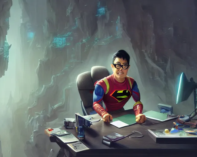 Image similar to an insanely detailed painting of a nerdy asian man wearing a superhero costume, sitting at a desk, staring at the nervously at the computer and typing, in the style of peter mohrbacher, dramatic lighting and composition, octane render, pixar, trending on artstation, concept art, comic book, view from behind