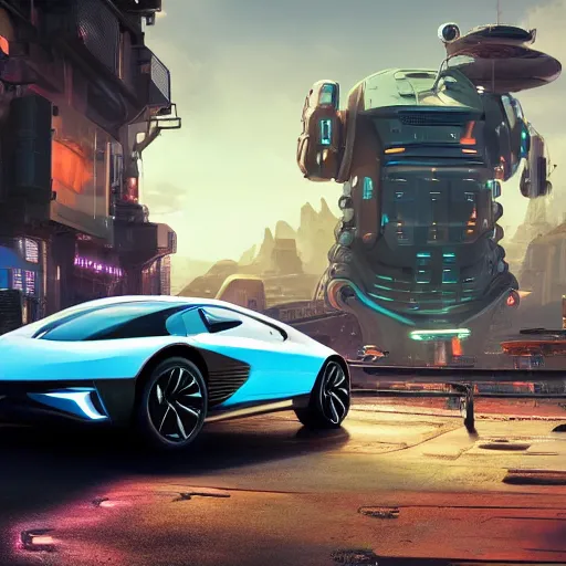 Prompt: futuristic car parked in front of a glowing sci-fi container in a pleasant urban setting, peaceful, majestic, a sense of hope, in style of apex legends, art station, ultra hd, soft light, overhead sun, ultra hd, art station
