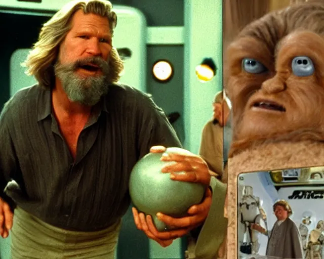 Prompt: Jeff Bridges from The Big Lebowski throwing a bowling ball in the Mos Eisley Cantina in Star Wars