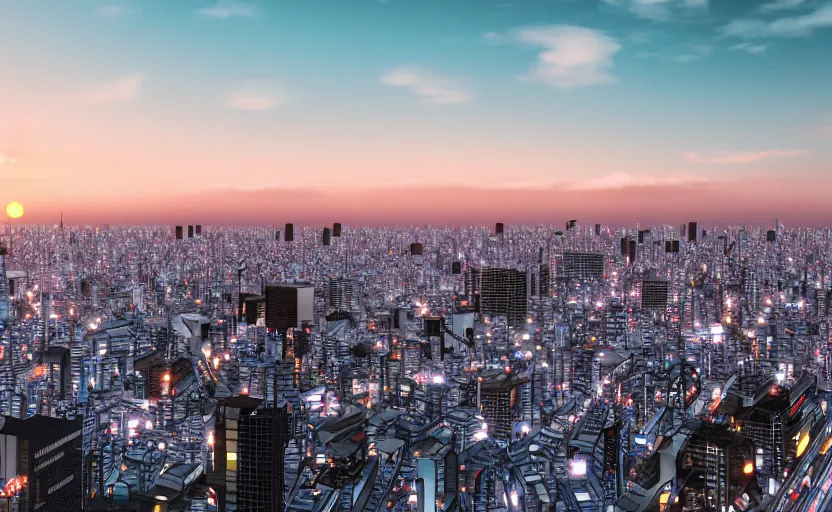 Image similar to 3 d render of tokyo city from a rooftop view, sunset lighting, unreal engine, hyper realism, realistic shading, cinematic composition, blender render, octane render, hdr, detailed textures, photorealistic, ultrawide shot, 1 6 mm lens