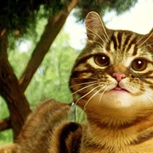Image similar to A still of Garfield the cat in Rambo First Blood (1982)