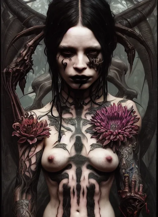 Image similar to ultra realistic, human predator, goth, tattoos, leather, fantasy, flesh, bone, body horror, intricate details, eerie, highly detailed, octane render, 8 k, art by artgerm and alphonse mucha and greg rutkowski