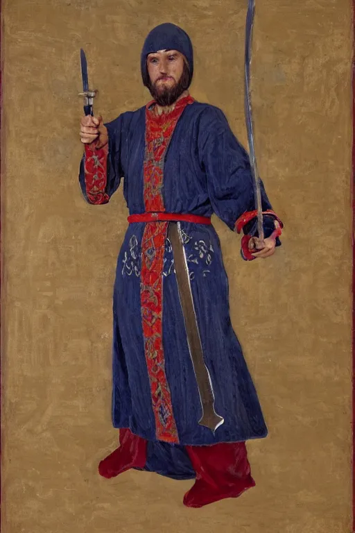 Prompt: slavic man in medieval clothes, fights with a sword, orthodox, oil painting, concept art, hyperrealism, beautiful, high resolution, trending on artstation, by annie swynnerton and nicholas roerich, embroidered robes, elaborate costume, geometric ornament, symbolist, soft colors, dramatic lighting, smooth, sharp focus, extremely detailed, two hands,