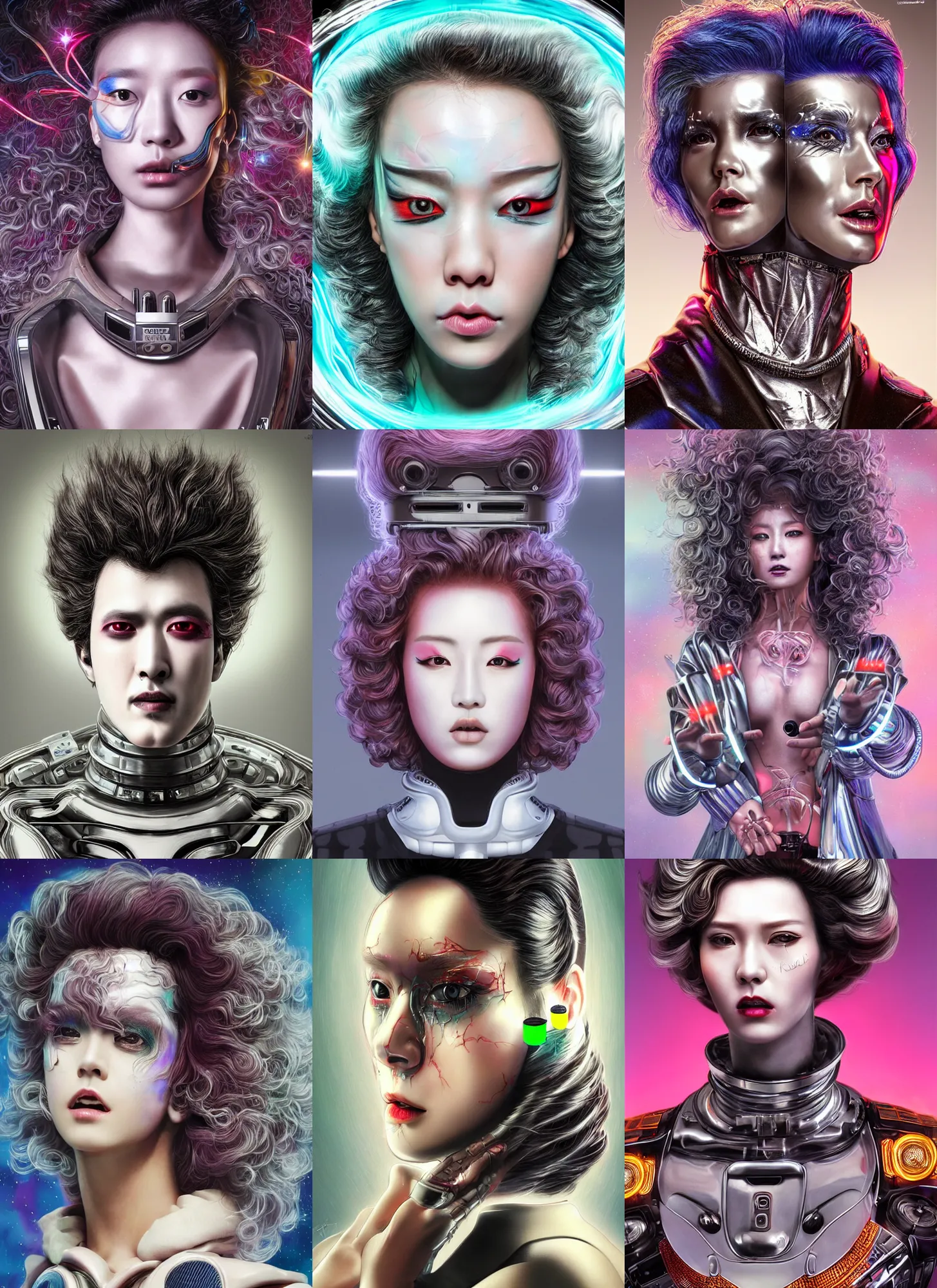 Prompt: korean roccoco menacing android portrait with sci - fi makeup, chromatic skin, silver curly hair, eighties look, retro, beautiful lights, charging plug in the chest, vintage look, depth of field, loud shouting, hyper realistic, illustration, airbrush, 8 k, intricate, duo tone, art by david la chapelle and philip castle, artgerm