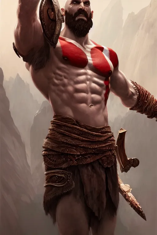 Image similar to god of war, accurate anatomy, only two hands, highly detailed, digital painting, artstation, concept art, smooth, sharp focus, illustration, Unreal Engine 5, 8K, art by artgerm and greg rutkowski and Alphonse Mucha