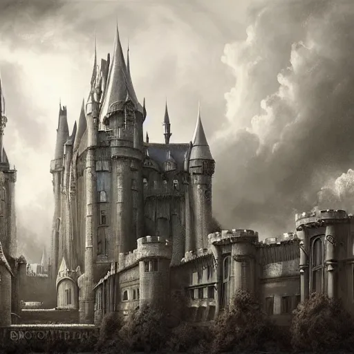 Prompt: By Tom Bagshaw and Boris Vallejo, ultra realist soft painting of castle court by night, centered fading Hermione Granger fully dressed, horror, omnious sky, symmetry accurate features, very intricate details, black and white, volumetric light clouds, 8K