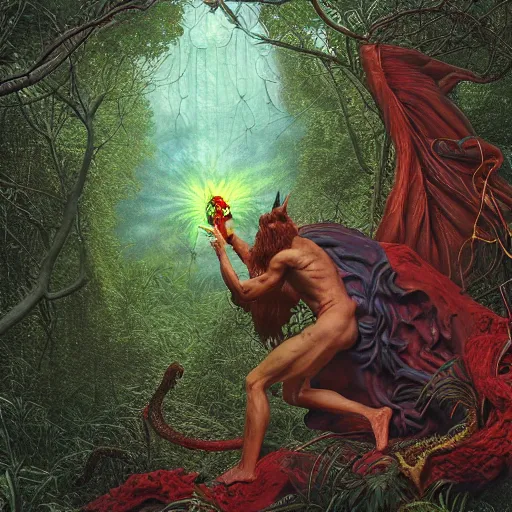 Prompt: Photorealistic devil in the garden of eden in the style of Michael Whelan and Gustave Dore. Hyperdetailed photorealism, 108 megapixels, amazing depth, glowing rich colors, powerful imagery, psychedelic Overtones, 3D finalrender, 3d shading, cinematic lighting, artstation concept art