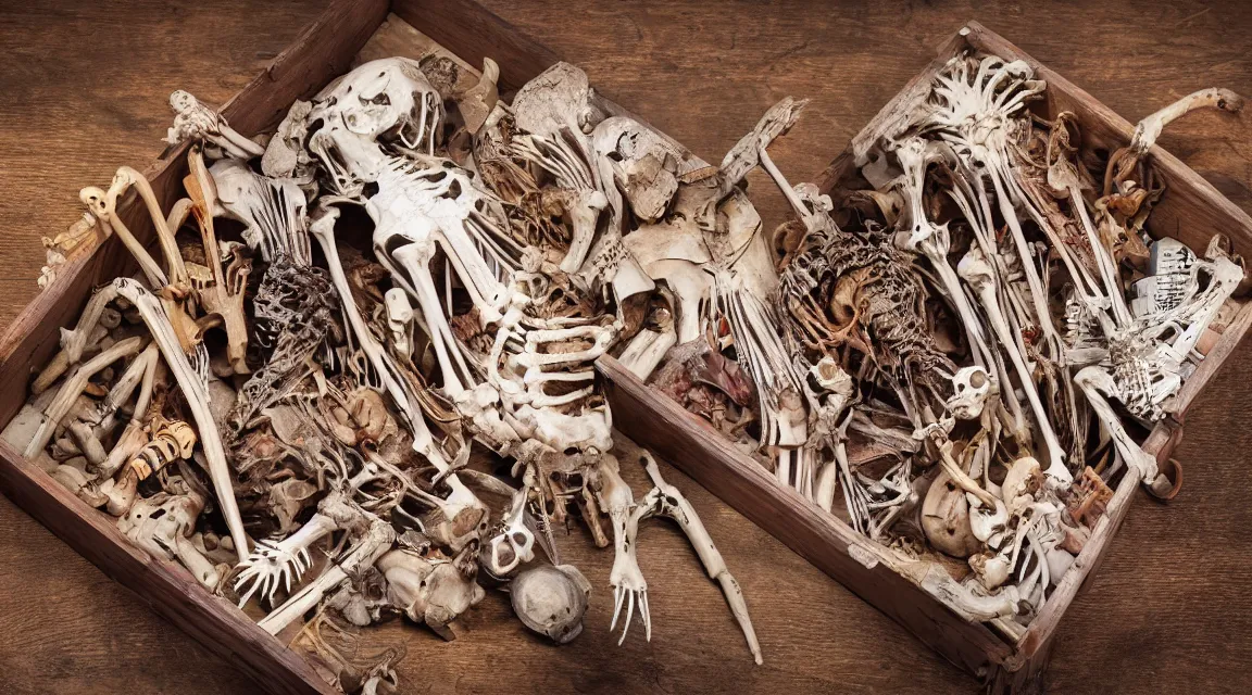 Image similar to wooden box with cabinet of curiosities neatly ordenend with duck skeleton bones and living worms, photo realistic, professional photo, by Steve McCurry