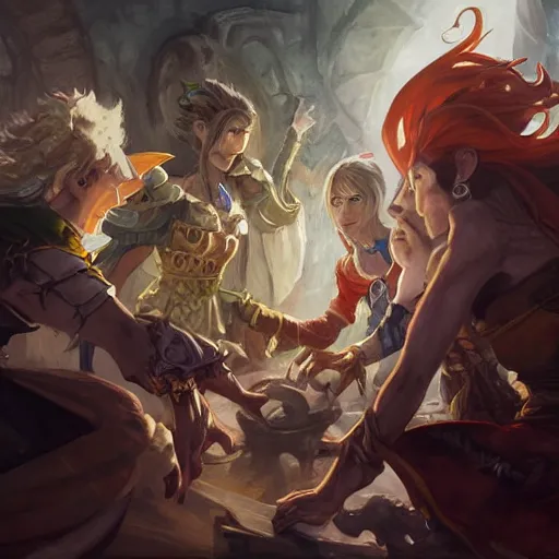 Image similar to dungeons and dragons fantasy painting, chaos and conflict, finger pointing and angry gestures, allies who long spoke in one voice now squabble over petty differences leaders in different styles of dress gesturing angrily across a council table, anime inspired by krenz cushart, evening lighting, by brian froud jessica rossier and greg rutkowski