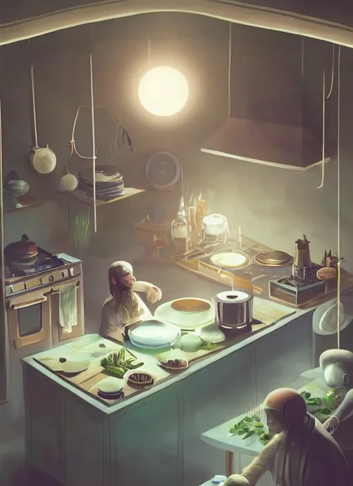 Image similar to high depth, collective civilization kitchen, calm, healing, resting, life, hybrids, scifi, soft white glowing lights, published concept art, art in the style of all and none and everything and infinity, clowdy day