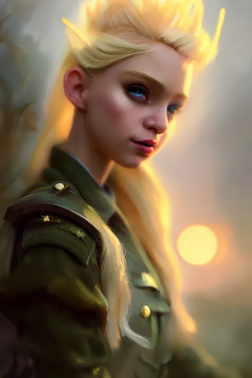 Image similar to cinematic shot of an epic portrait of a cute blonde fairy dressed in military clothes, stylised military clothes, shiny skin, beautiful eyes, beautiful, small details, night setting, realistic poster with volumetric light from craig mallism, artgerm, jeremy lipkin and michael garmash, unreal engine, radiant light, digital art, trends at art station, a masterpiece