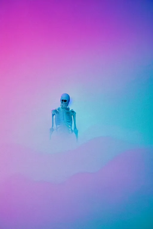 Prompt: high quality pastel coloured film close up wide angle photograph of a skeleton wearing clothing swimming on cloud furniture in a icelandic black rock environment in a partially haze filled dreamstate world. three point light, rainbow. photographic production. art directed. pastel colours. volumetric clouds. pastel gradient overlay. waves glitch artefacts. extreme facial clarity. 8 k. filmic.