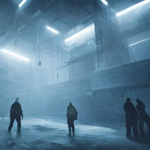 Prompt: illustration of rows of humans hanging on hooks in an ice box, rolling fog, cyberpunk, dystopian, dramatic lighting, unreal engine 5