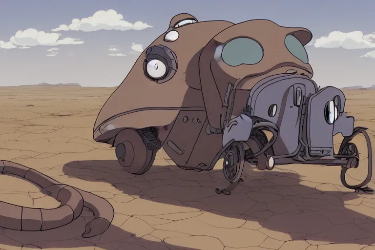 Image similar to a study of a cell shaded cartoon of a grey mechanized snake from howl's moving castle ( 2 0 0 4 ), on a desert road, full body, wide shot, very muted colors, post grunge, studio ghibli, laurie greasley, highly detailed, deviantart, art by artgem