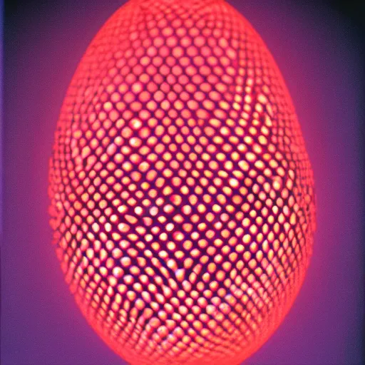 Prompt: annie liebowitz portrait of a plasma energy tron glass egg, made up of glowing electric polygons. cinestill