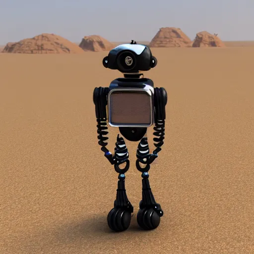 Image similar to robot marduder lost in sahara, photo realistic, highly detailed