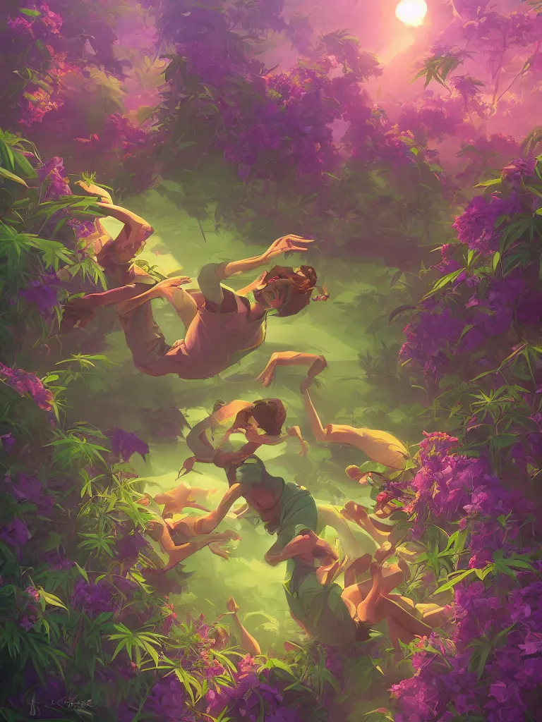 Image similar to kids dunks with green purple flowers of marijuana hemp cannabis, behance hd by jesper ejsing, by rhads, makoto shinkai and lois van baarle, ilya kuvshinov, rossdraws global illumination, golden ratio, symmetrical beauty face