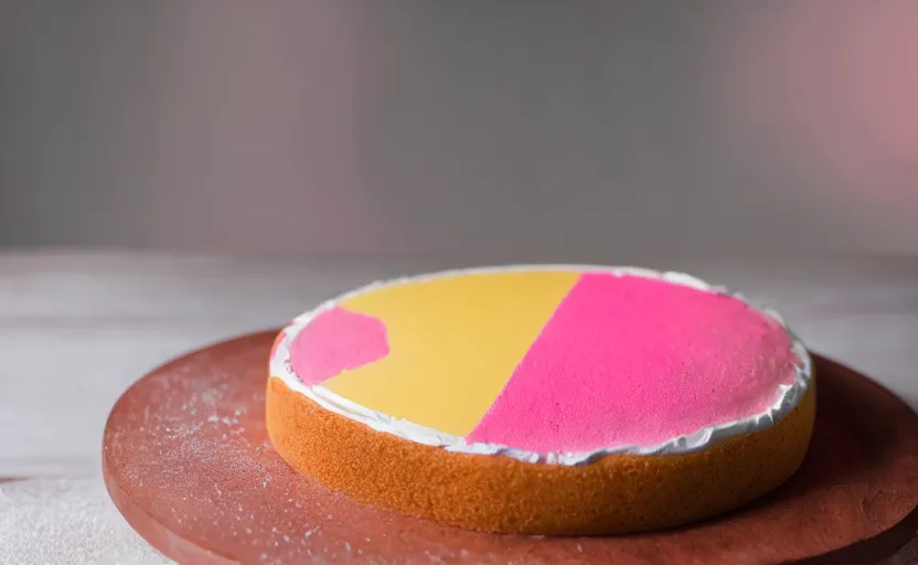 Image similar to A photo of a swedish cake from the side on a wooden table, covered with pink marzipan, some powder sugar and a marzipan leaf. Sunset. 4K. Cinematic lighting. High detail. Realistic. Delicious.