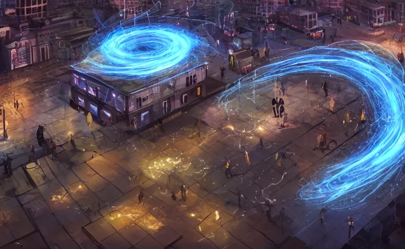Prompt: pepople and a spiral - shaped white luminous attractor is floating on the ground in soviet city, concept art, art for the game, professional lighting, art painted in street style