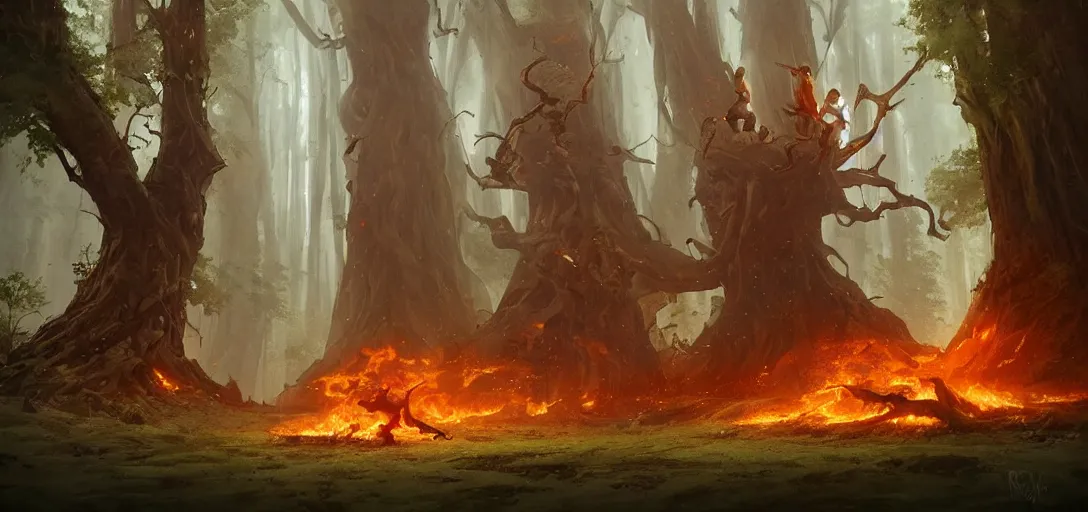 Prompt: An epic battle between a fire mage and a giant ent, by Greg Rutkowski