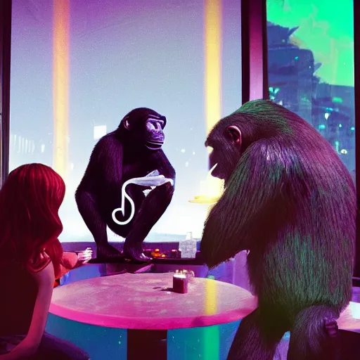 Prompt: 2 apes in a private booth at dance club throwing money in the air, surrounded by beautiful women, made by beeple