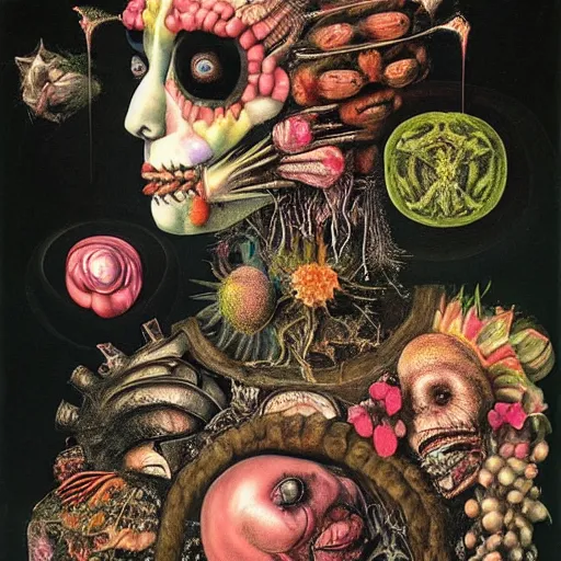 Image similar to post - punk new age album cover, magic, apocalypse, psychedelic, black white pink, magic, giger h. r., giuseppe arcimboldo