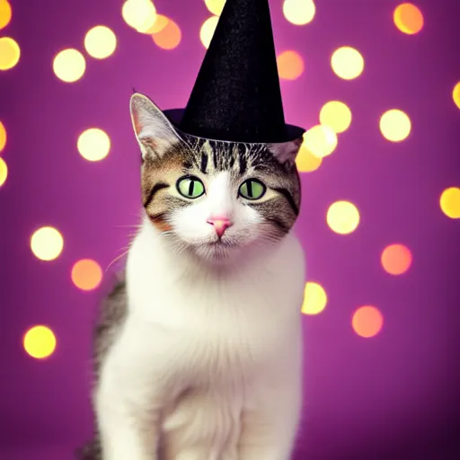 Image similar to a photo of a Cat wearing a birthday hat, studio portrait, fireworks in background