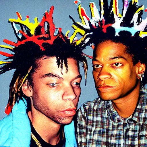 Image similar to kurt cobain and basquiat wearing a painted basquiat crown photorealistic