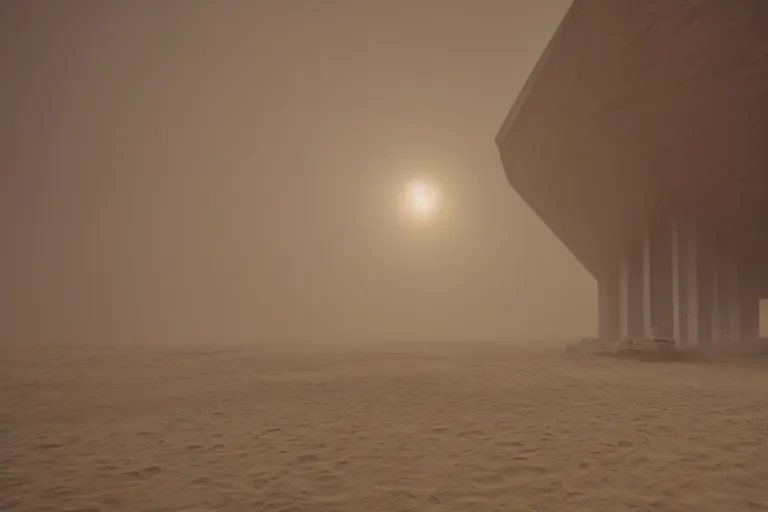 Image similar to inside a monolithic building, open wall architecture, sand storm inside, high winds, concrete pillars, ancient sci - fi elements, on an alien planet, sun is blocked by dust, pale orange colors, cinematographic wide angle shot, directed by christopher nolan