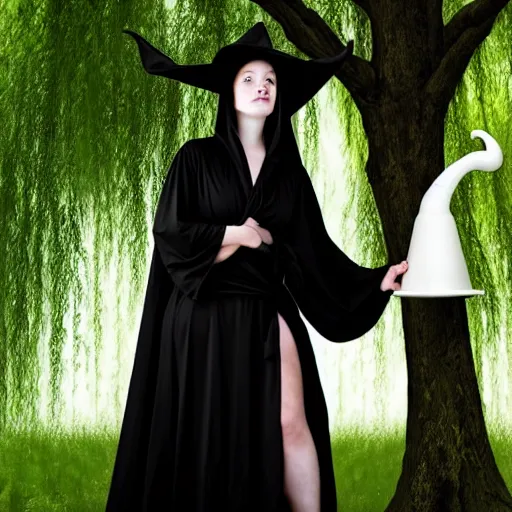 Image similar to a beautiful young witch in a black robe, holding white brugmansia