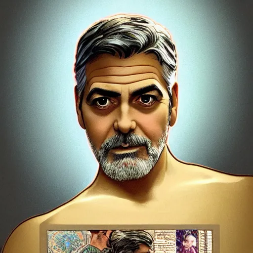 Image similar to George Clooney, highly detailed, digital painting, artstation, concept art, smooth, sharp focus, illustration, ArtStation, art by artgerm and greg rutkowski and alphonse mucha and J. C. Leyendecker and Edmund Blair Leighton and Katsuhiro Otomo and Geof Darrow and Phil hale and Ashley wood and Ilya repin and Charlie Bowater