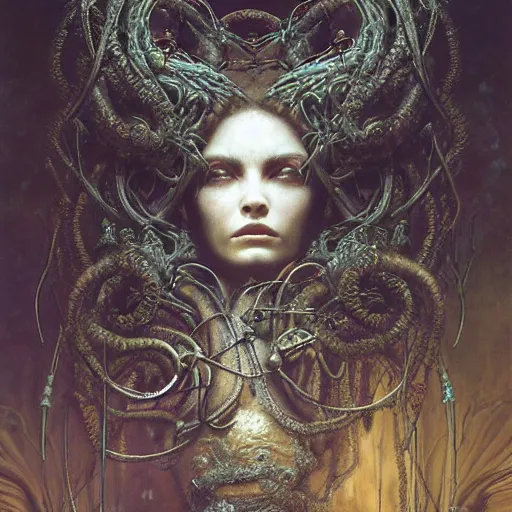 Image similar to cyberpunk medusa by gustave dore and gustave moreau and beksinski and giger and craig mullins and jeremy mann