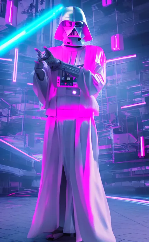 Prompt: white darth vader dancing synth wave retro wave vapor wave white and pink lighting and clothes and tech cyberpunk style ultra realistic high quality highly detailed 8 k