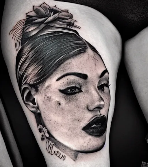 Image similar to amazing blend effect of beautiful mountain scenery with a beautiful woman face, tattoo design sketch, hyper - realistic, in the style of matteo pasqualin, amazing detail, black and white