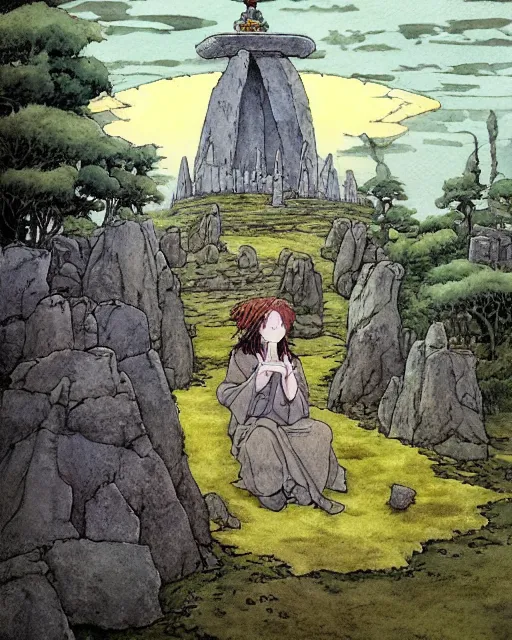 Image similar to a hyperrealist studio ghibli watercolor fantasy concept art of a giant long haired grey witch in lotus position sitting on top of stonehenge with a starry sky in the background. a ufo is in the sky. by rebecca guay, michael kaluta, charles vess