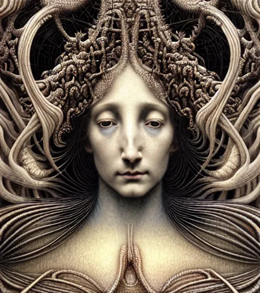 Prompt: detailed realistic beautiful glowing goddess face portrait by jean delville, gustave dore, iris van herpen and marco mazzoni, art forms of nature by ernst haeckel, art nouveau, symbolist, visionary, gothic, neo - gothic, pre - raphaelite, fractal lace, intricate alien botanicals, biodiversity, surreality, hyperdetailed ultrasharp octane render