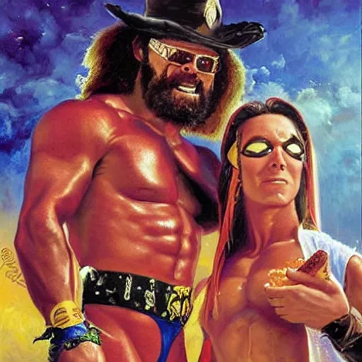 Image similar to portrait of wwf macho man randy savage and wcw sting sharing hotdogs, an oil painting by ross tran and thomas kincade