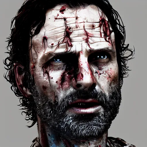 Image similar to rick grimes, the walking dead, zombie, head and shoulders shot, fantasy, medieval, vivid colors, elegant, concept art, sharp focus, digital art, Hyper-realistic, 4K, Unreal Engine, Highly Detailed, HD, Dramatic Lighting by Brom, trending on Artstation