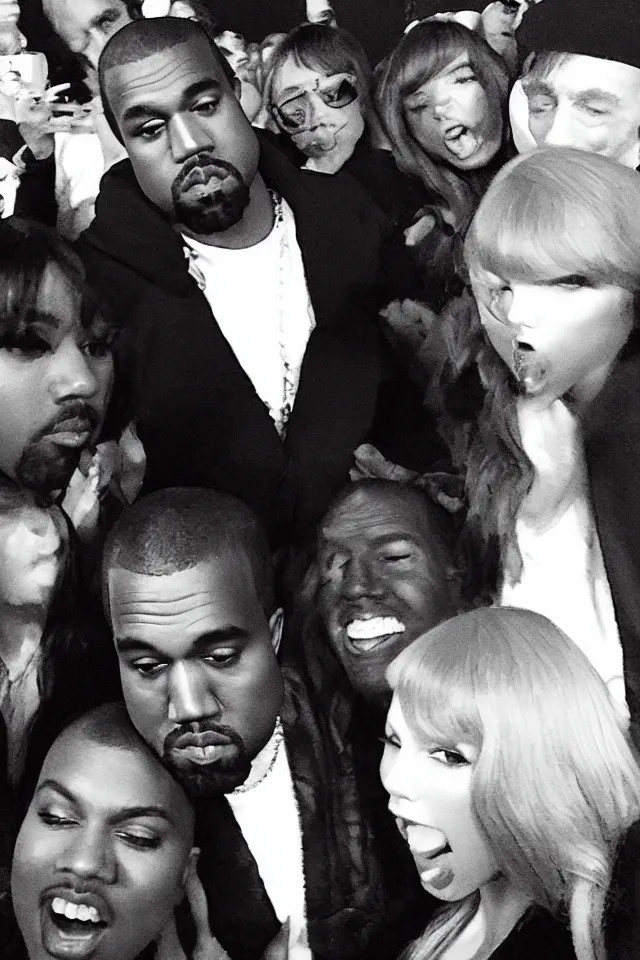 Prompt: Kanye West selfie with Taylor Swift, trending on twitter, trending on Instagram, viral photo