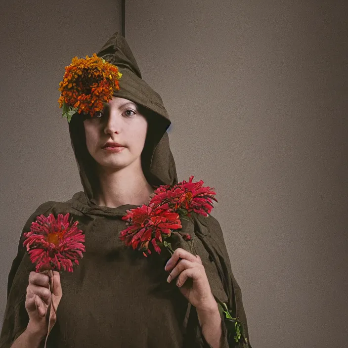 Prompt: a closeup portrait of a woman wearing a hood made of wire and zinnias, in an abandoned office building, by vincent desiderio, canon eos c 3 0 0, ƒ 1. 8, 3 5 mm, 8 k, medium - format print