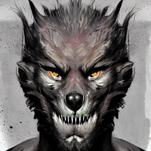 Image similar to werewolf lycanthrope monster makeup grinning grimpunk vile reprobate jason statham portrait portrait Wolfman Wolfman Fenrir with tombow jonas de ro odd nerdrum greg rutkowski frank frazetta alexandre briclot Dave Dorman splatterpaint