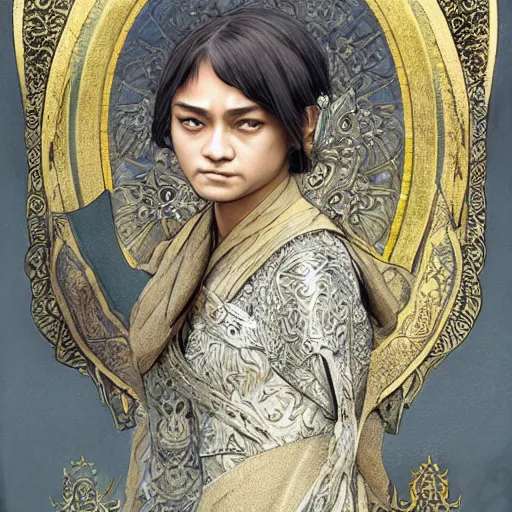 Image similar to ancient javanese arya stark, highly detailed, digital painting, artstation, concept art, smooth, sharp focus, illustration, ArtStation, art by artgerm and greg rutkowski and alphonse mucha and J. C. Leyendecker and Edmund Blair Leighton and Katsuhiro Otomo and Geof Darrow and Phil hale and Ashley wood and Ilya repin and Charlie Bowater