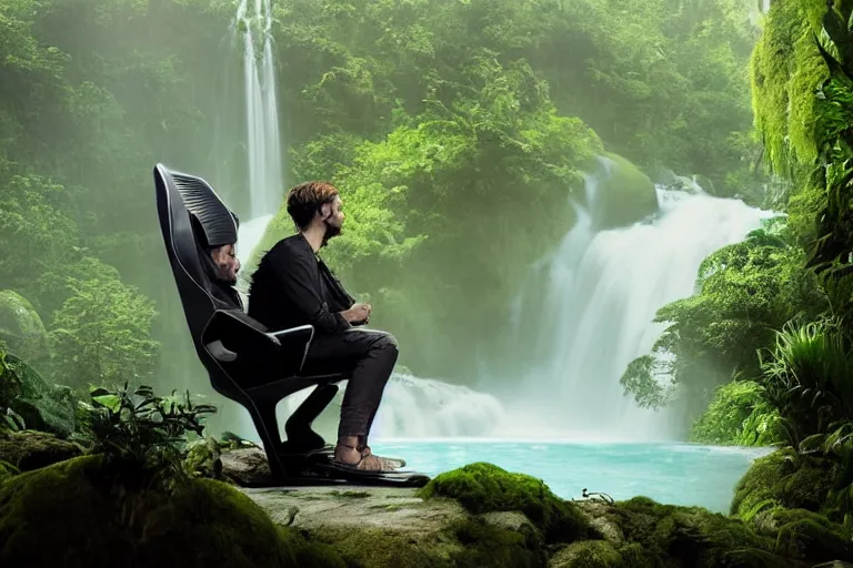 Image similar to movie closeup young man with a grey beard in a cyberpunk suit sitting on a futuristic chair at the edge of a jungle waterfall by emmanuel lubezki