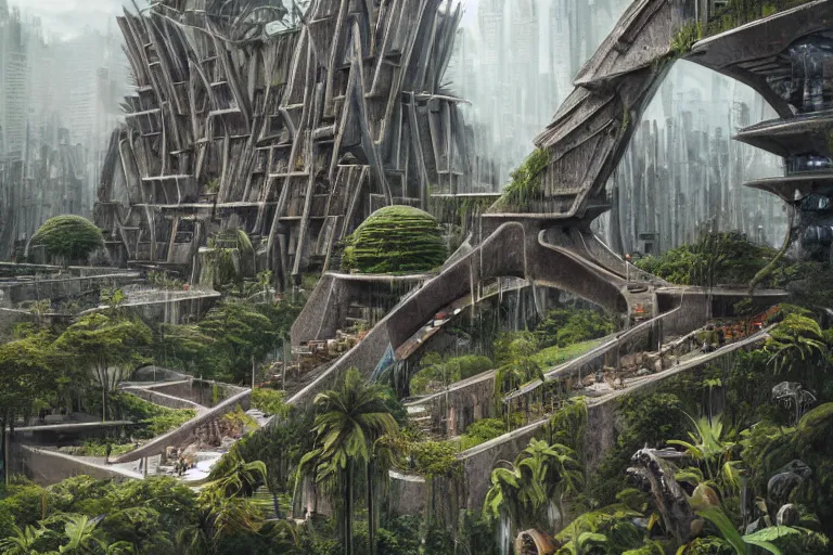 Image similar to brutalist futuristic Aztec structures, manicured garden of eden, by Jessica Rossier and HR giger