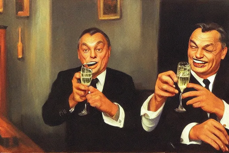 Prompt: viktor orban drinking champagne, smoking cigar, laughing hard, highly detailed face by edward hopper