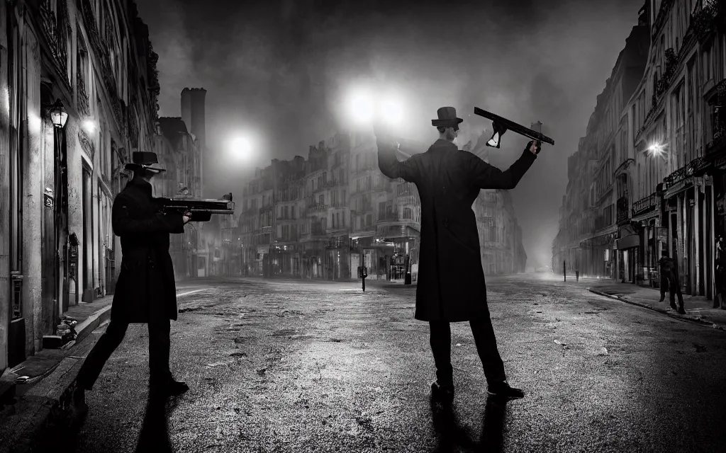 Prompt: One man in a trenchcoat shooting at a shadowy monster with a pistol in a 1920's parisian street at night. 4k, pulp, HDR, vivid colors, backlit, low angle shot, (fish eye).